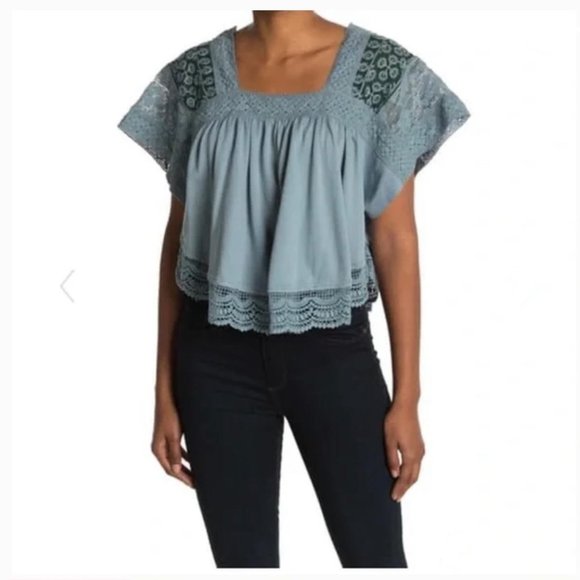 Free People Medium Prairie Days Short Sleeve Square Neck Blue Prairie Boho Top - Picture 1 of 8